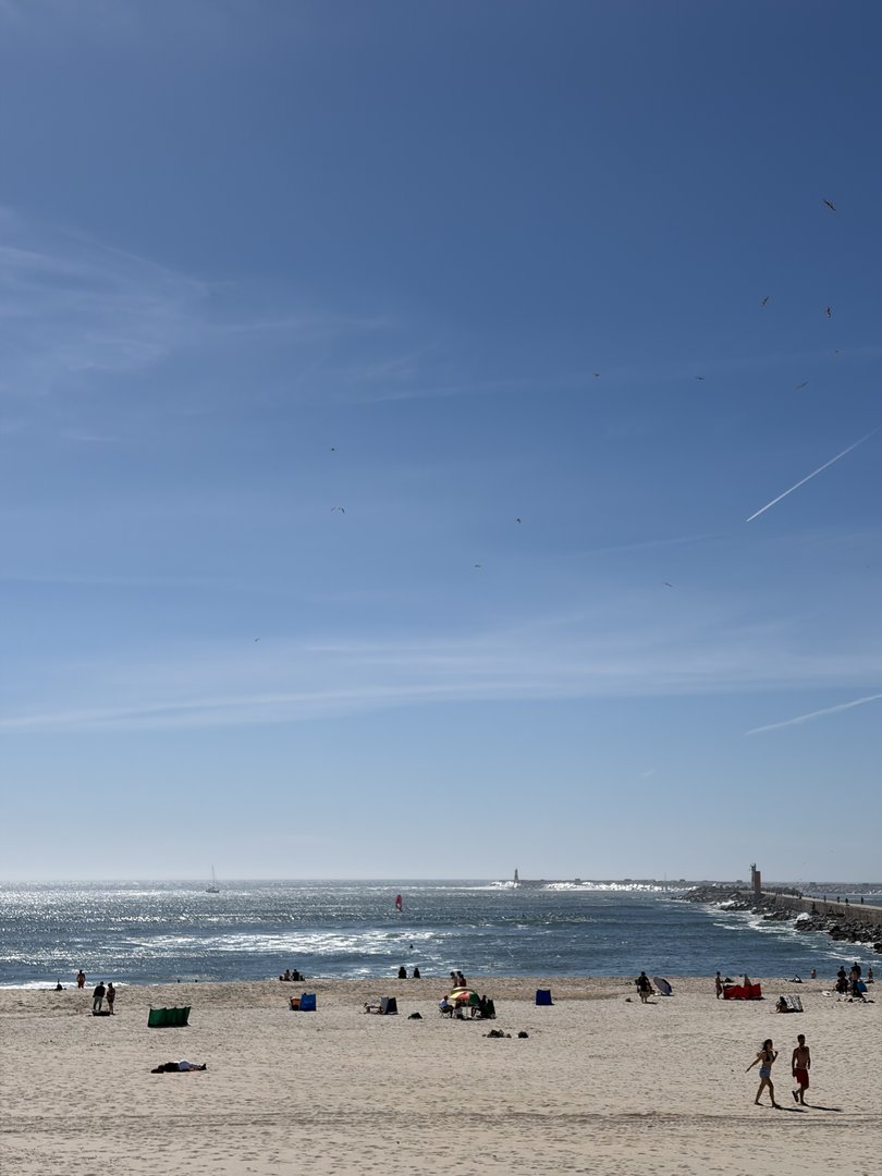 Plaża Praia da Barra z widocznym falochronem
